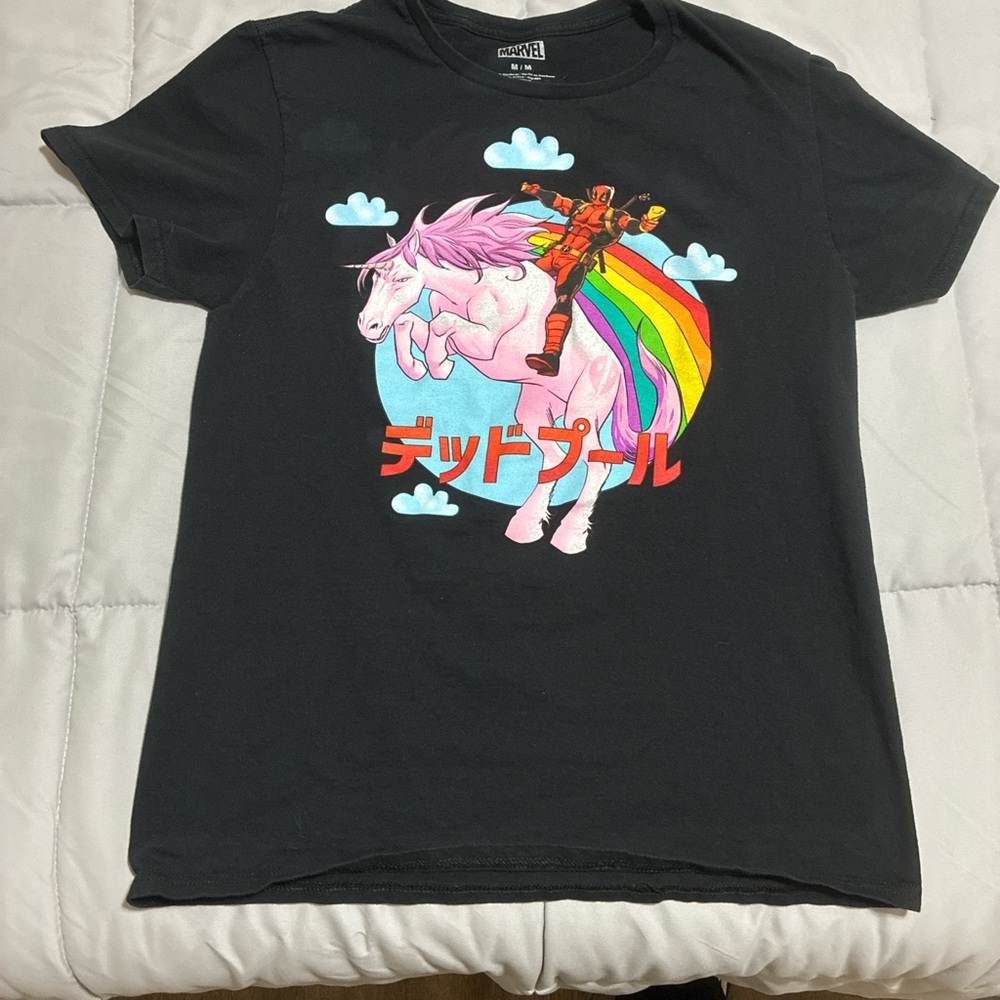 Marvel Black T-Shirt with Unicorn and Rainbow Graphic